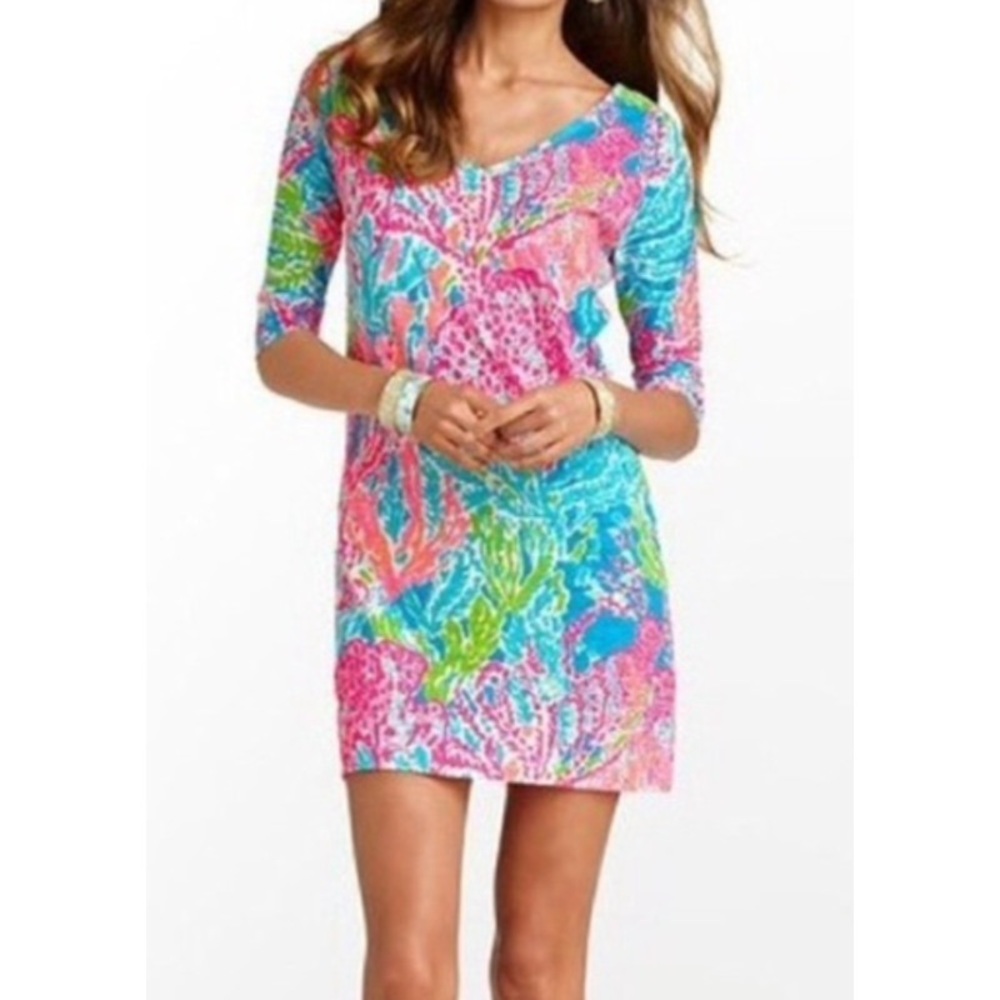 Lilly Pulitzer Eliza Dress Let's Cha Cha Tropical Vacation Summer Pink Blue XS